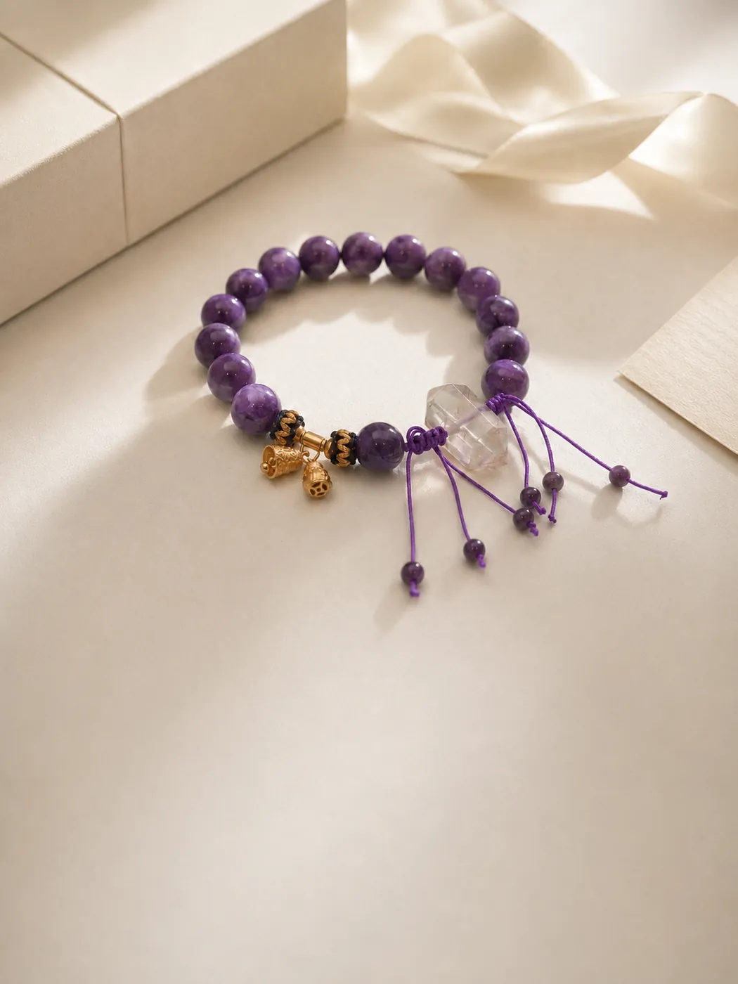Mystic Violet Bell Charm Bracelet, gift presentation, showing its distinctive color story