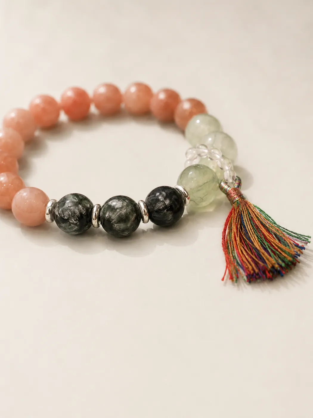 Sunset Grove Tassel Bracelet, color and texture detail, showing its distinctive color story