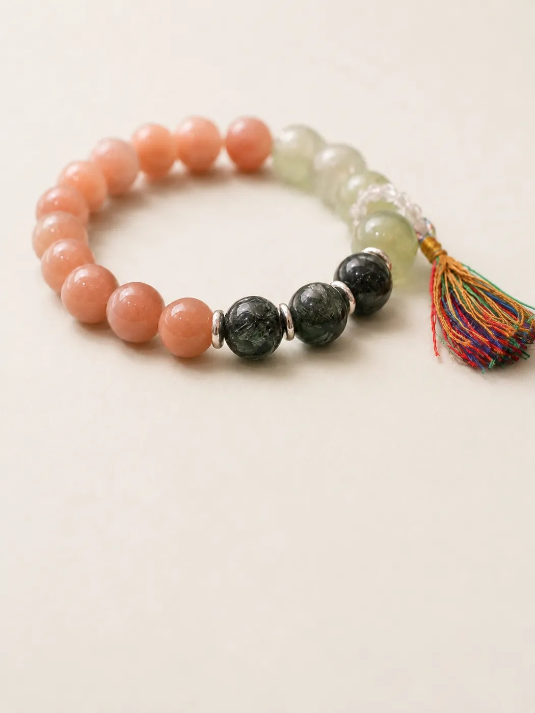 Sunset Grove Tassel Bracelet, craft detail, showing its distinctive color story