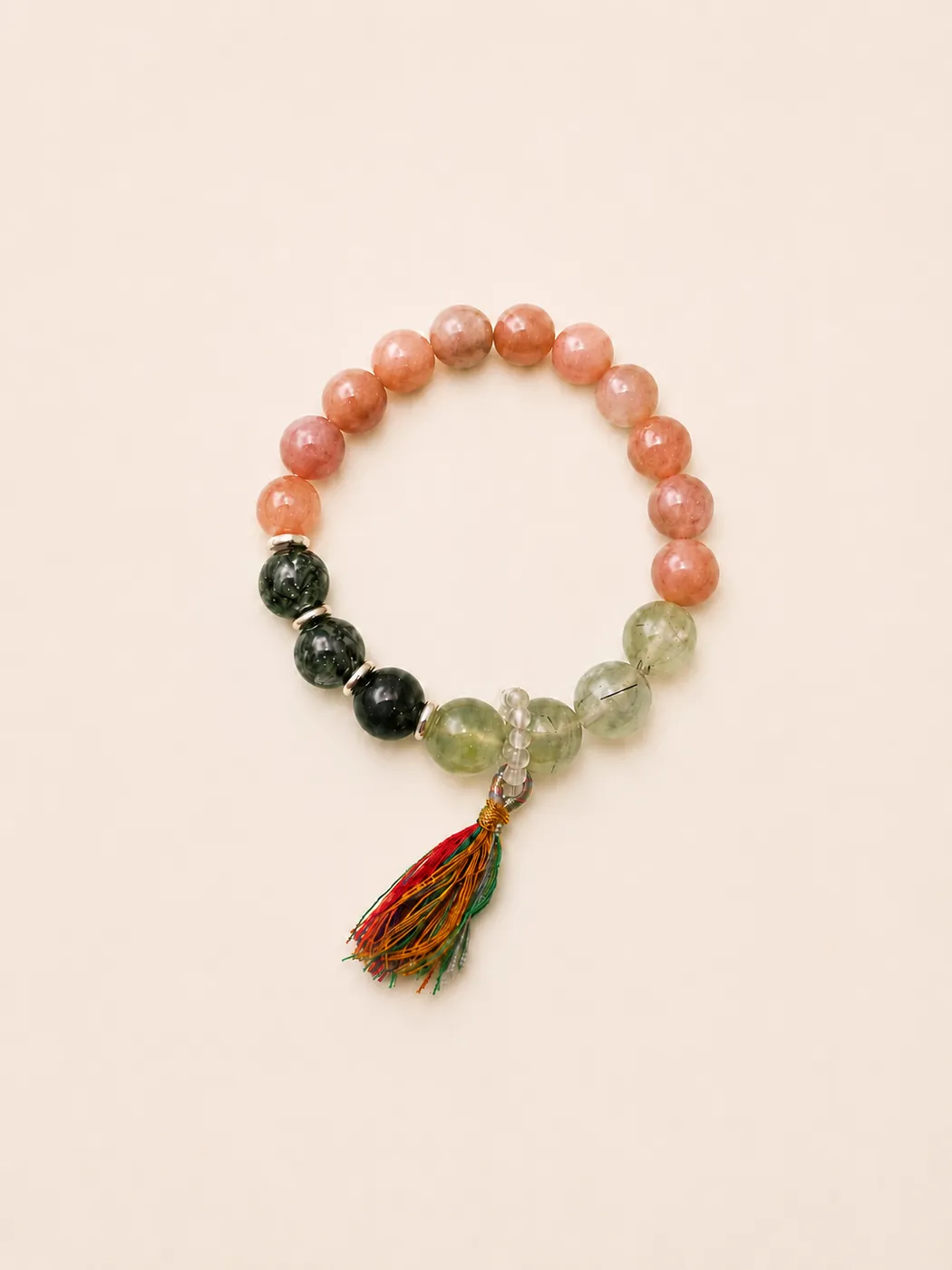 Sunset Grove Tassel Bracelet, front view, showing its distinctive color story