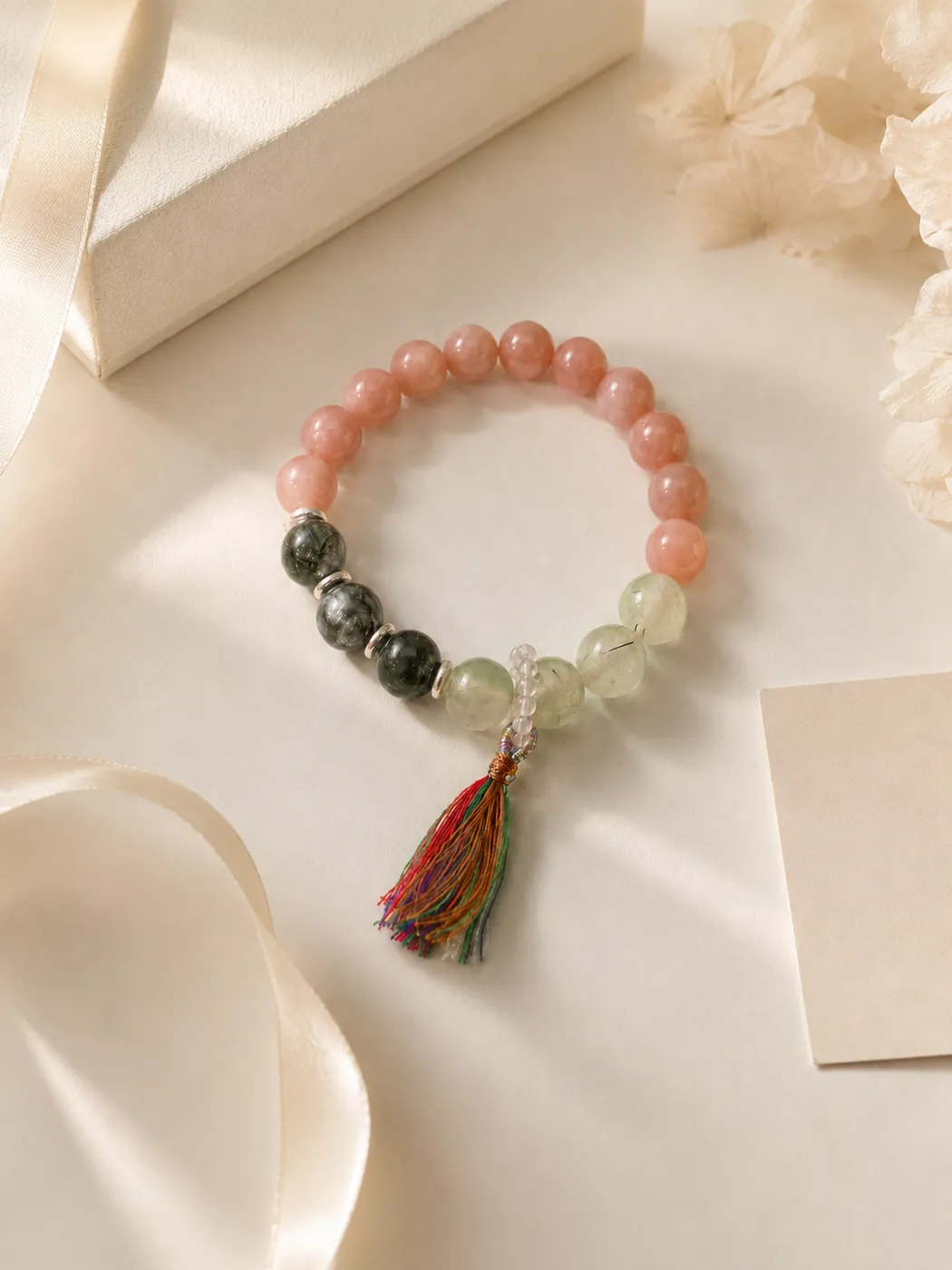 Sunset Grove Tassel Bracelet, gift presentation, showing its distinctive color story